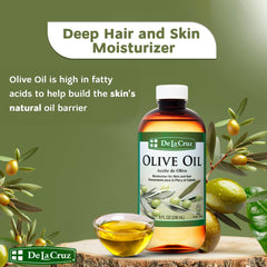 De La Cruz olive oil helps reduce frizz for smoother hair.