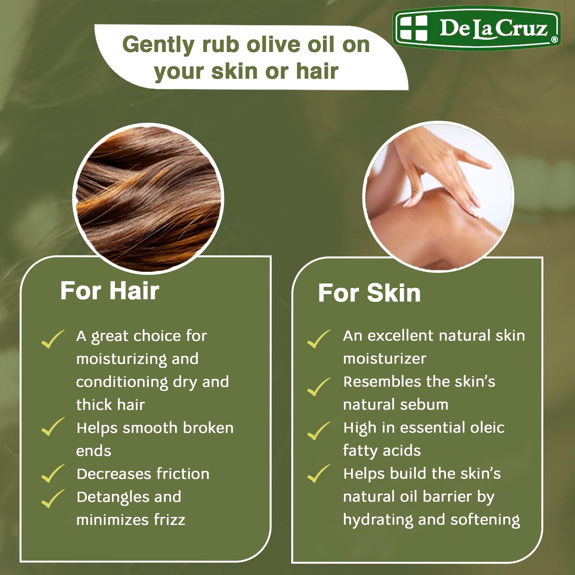 De La Cruz Pure Olive Oil on skin shows quick absorption and hydration.