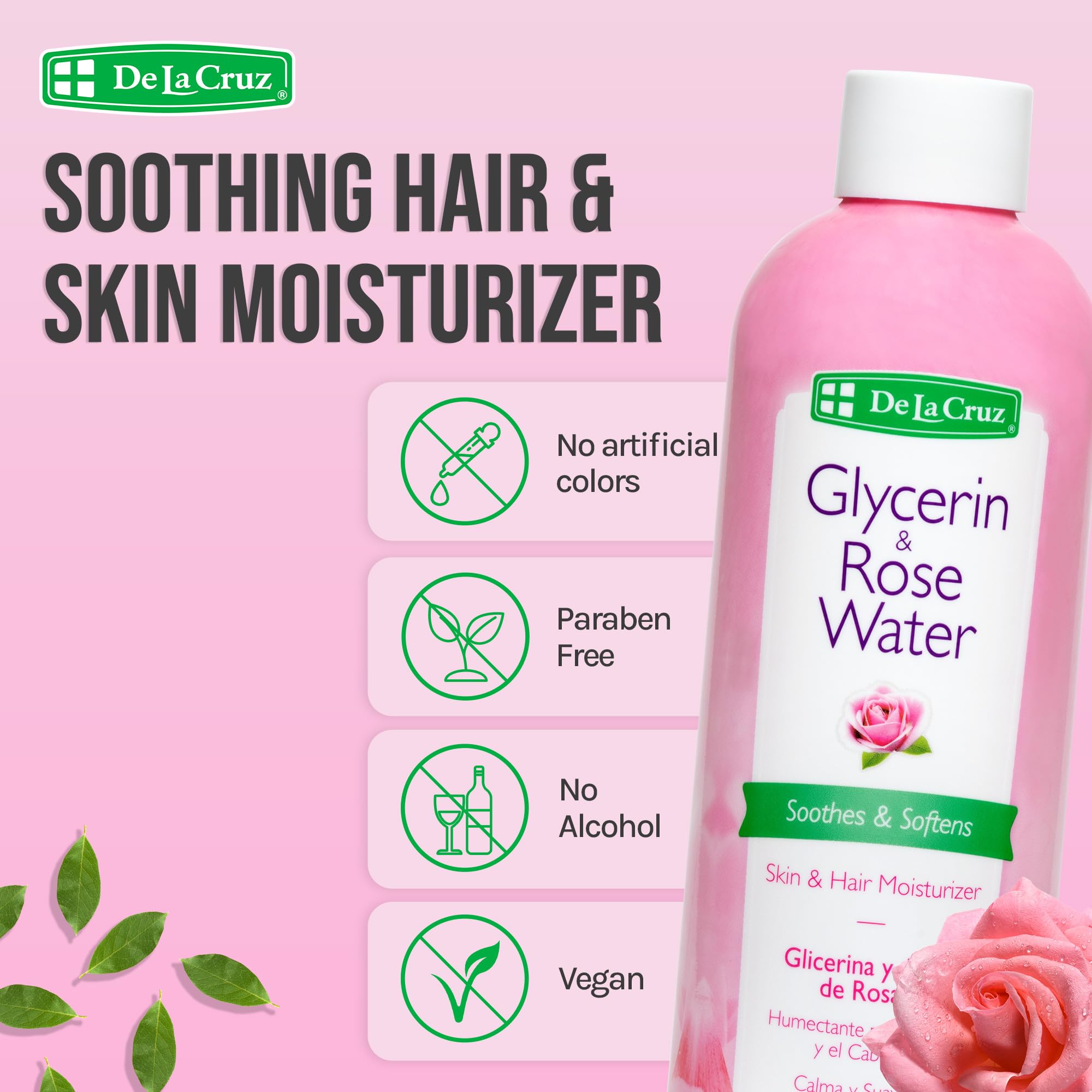 De La Cruz Rose Water Glycerin application highlights humectant hydration for skin.