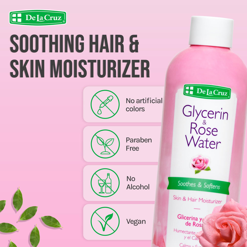 De La Cruz Rose Water Glycerin application highlights humectant hydration for skin.