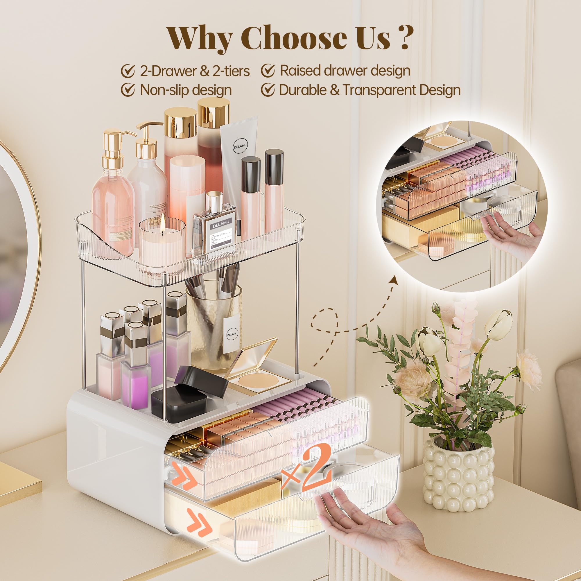 Delamu acrylic cosmetics storage close-up emphasizing sturdy frame.