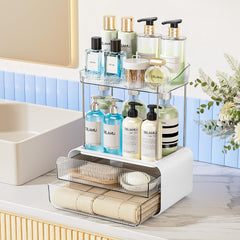 Delamu bathroom counter organizer with two drawers and two-tier storage.