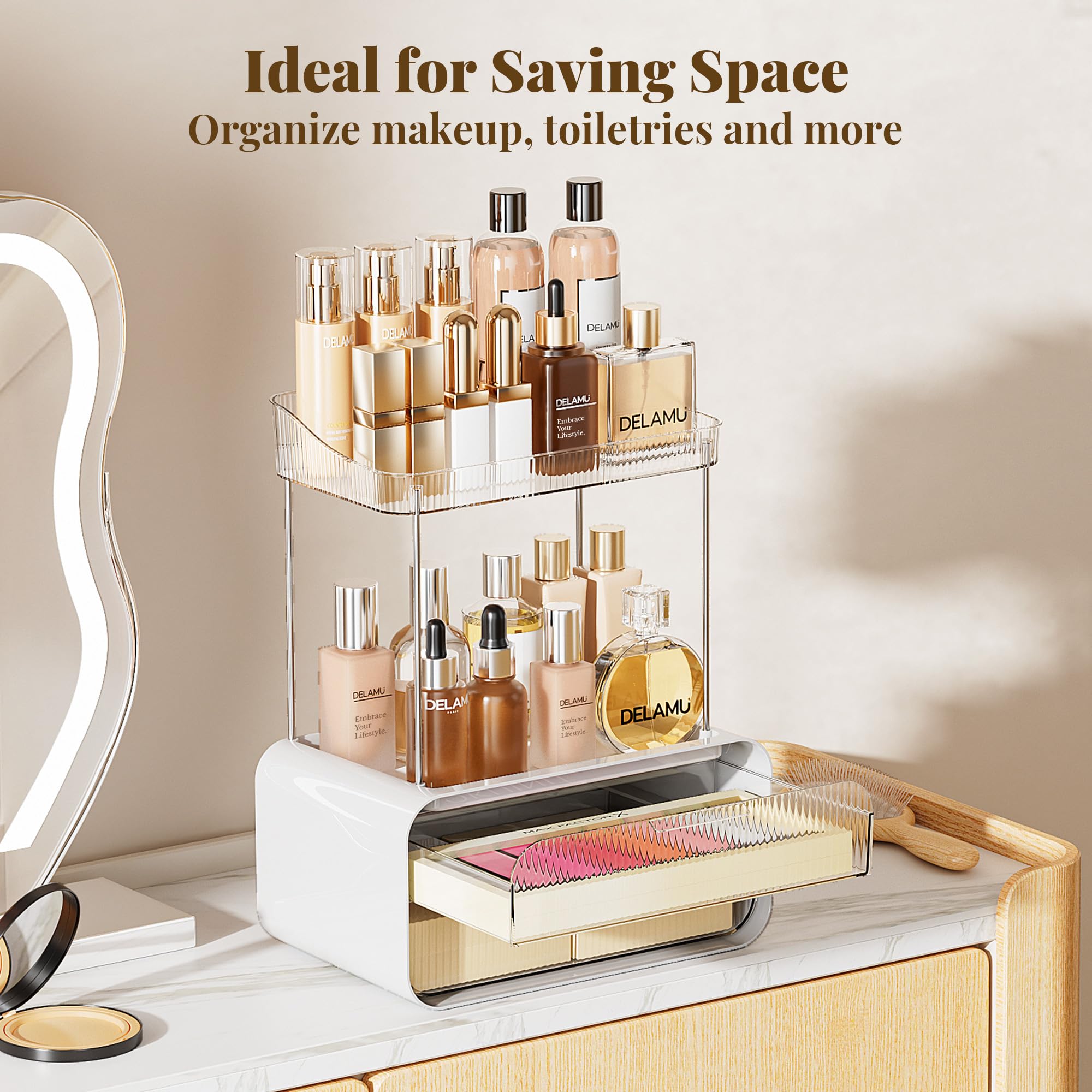 Delamu clear design improves visibility for skincare and makeup items.