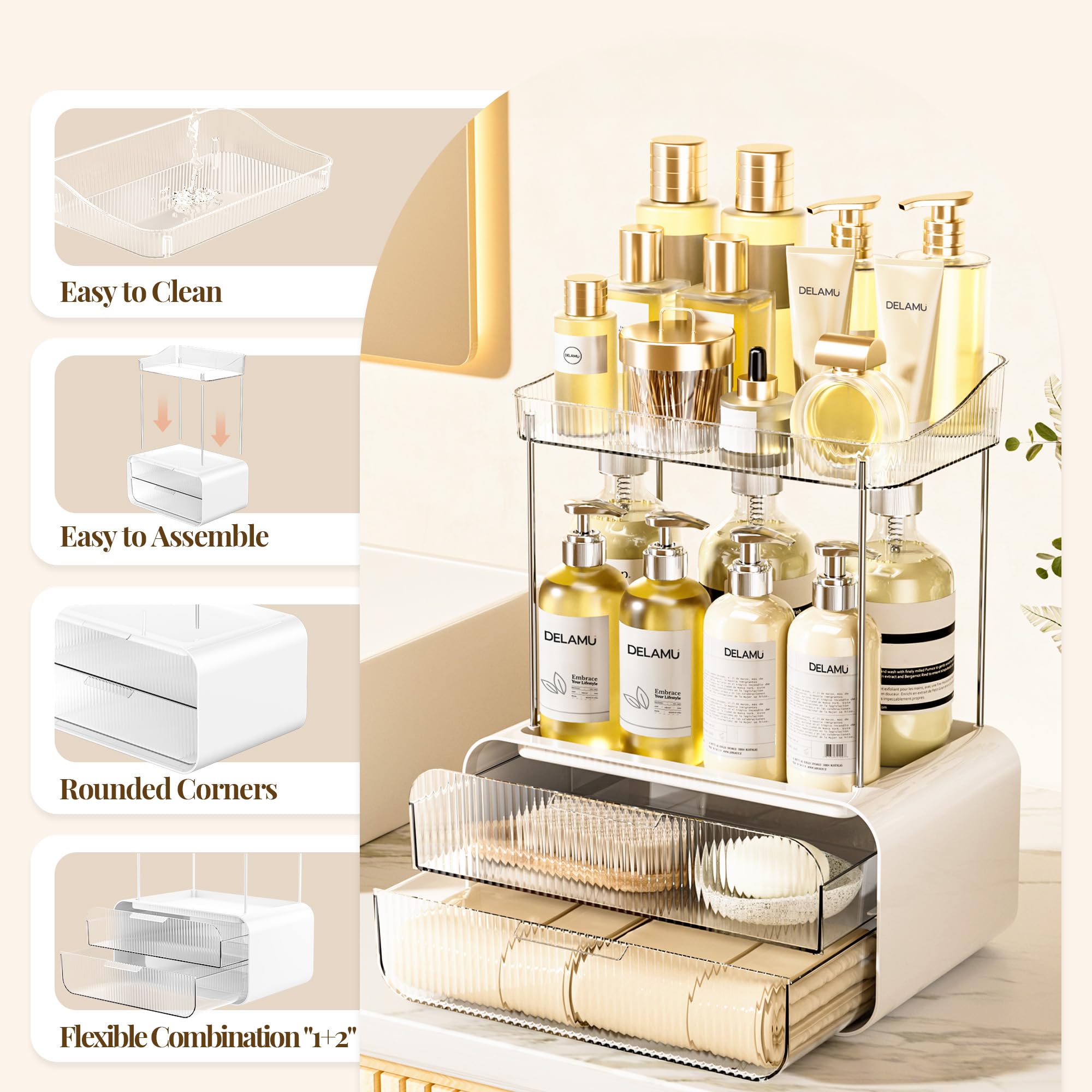 Delamu detachable vanity organizer shown on desk or bathroom counter.