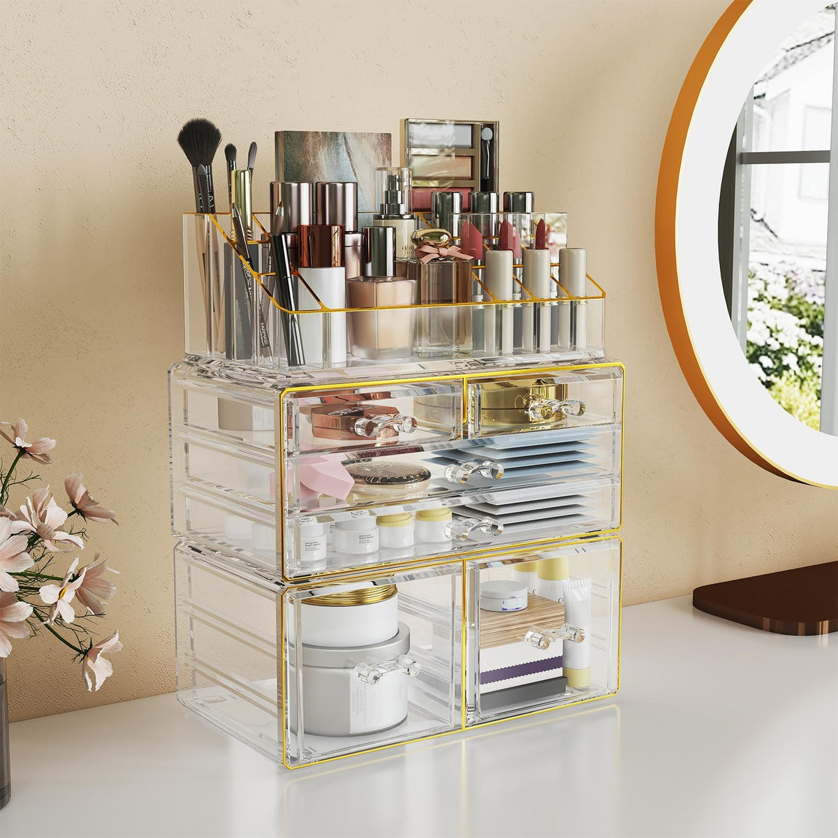Delamu stackable organizer front view with clear visibility and gold trim for easy access