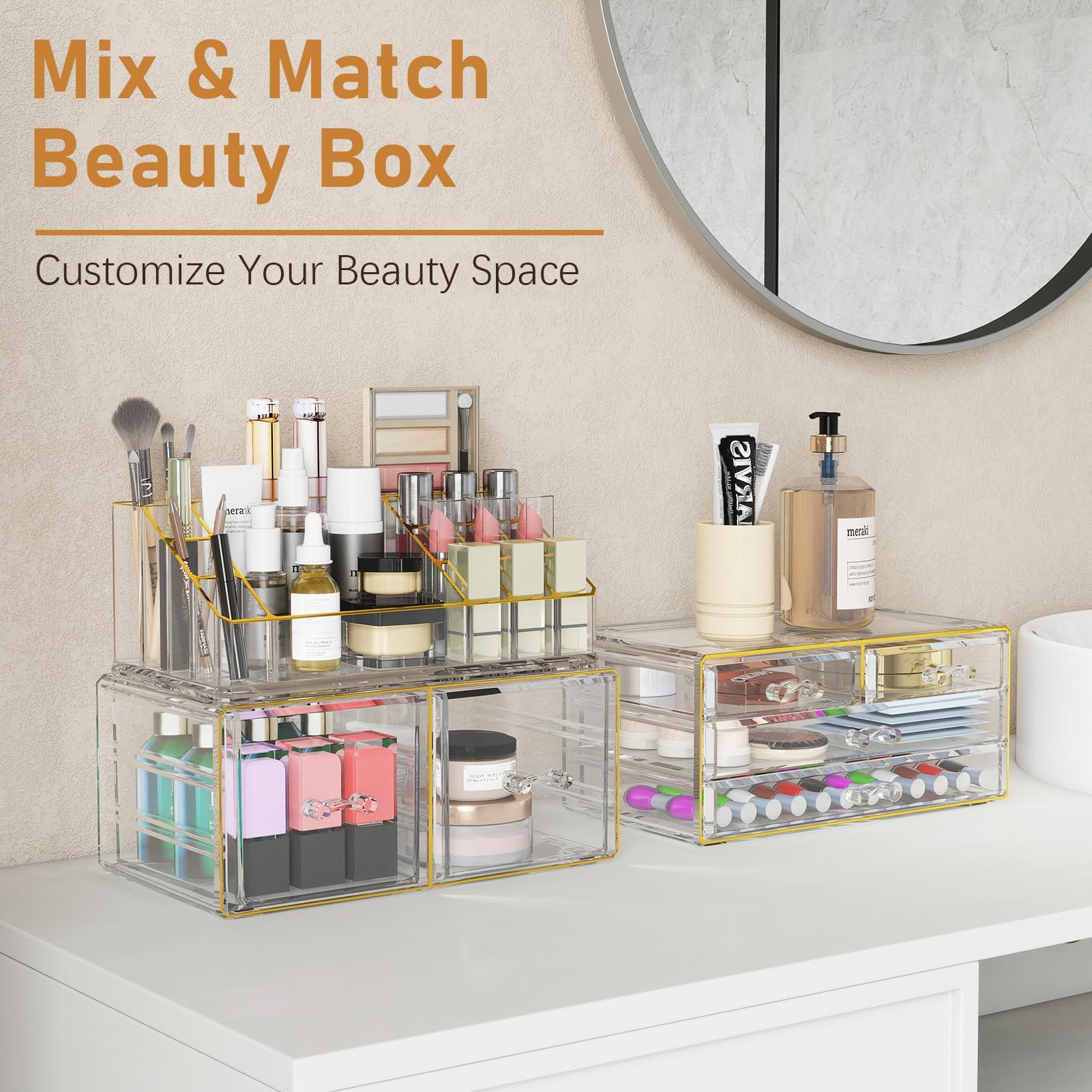 Delamu interlocking frames provide stable organization on a busy vanity