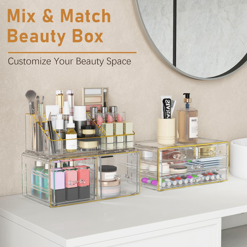 Delamu interlocking frames provide stable organization on a busy vanity