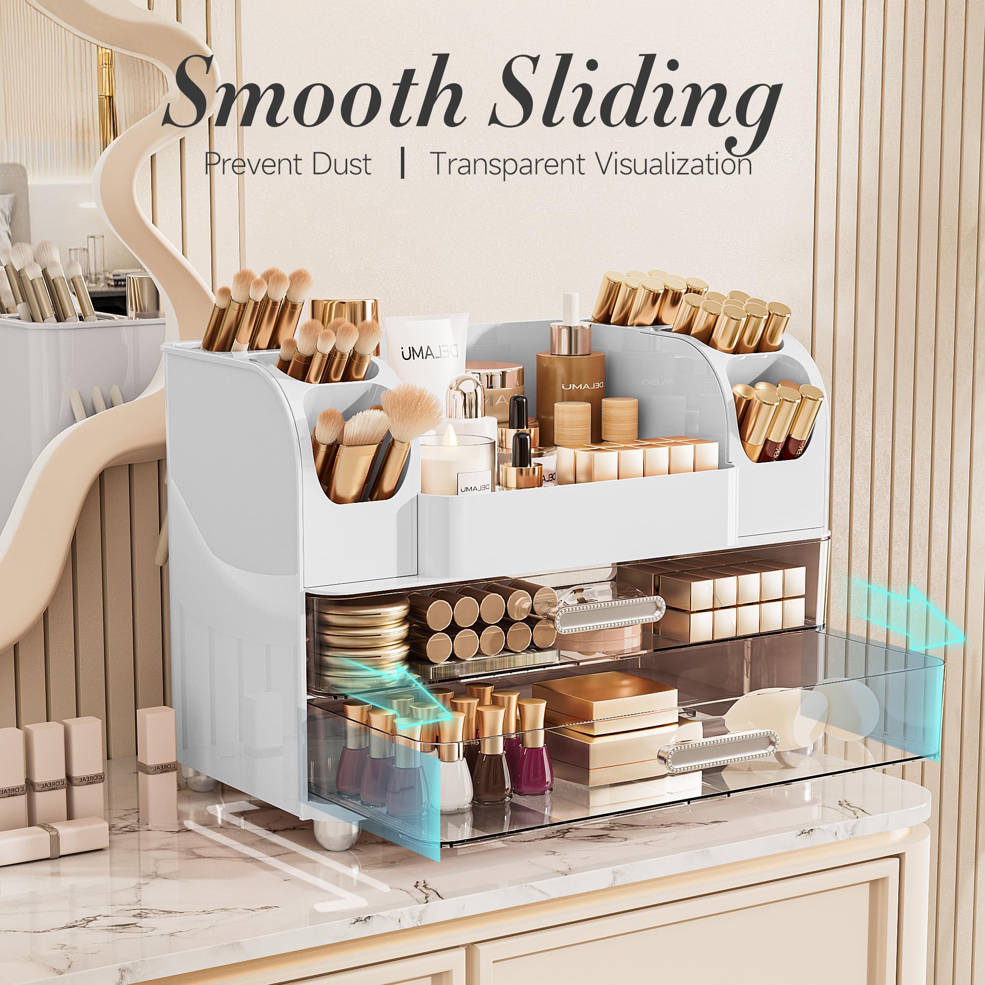 Delamu bottom drawer open reveals transparent storage with ample space.