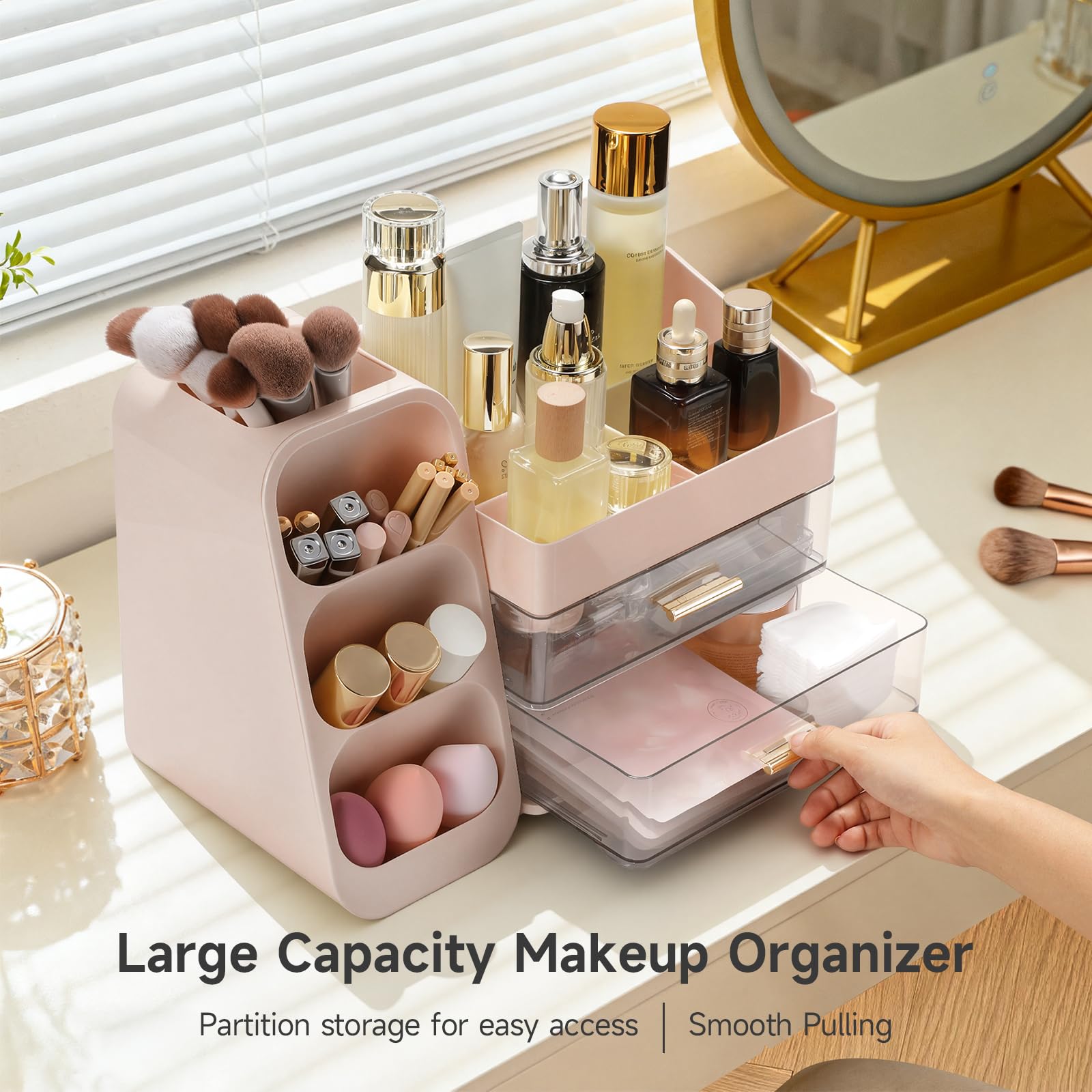 Delamu makeup organizer countertop built-in brush holders keeping brushes upright and organized.
