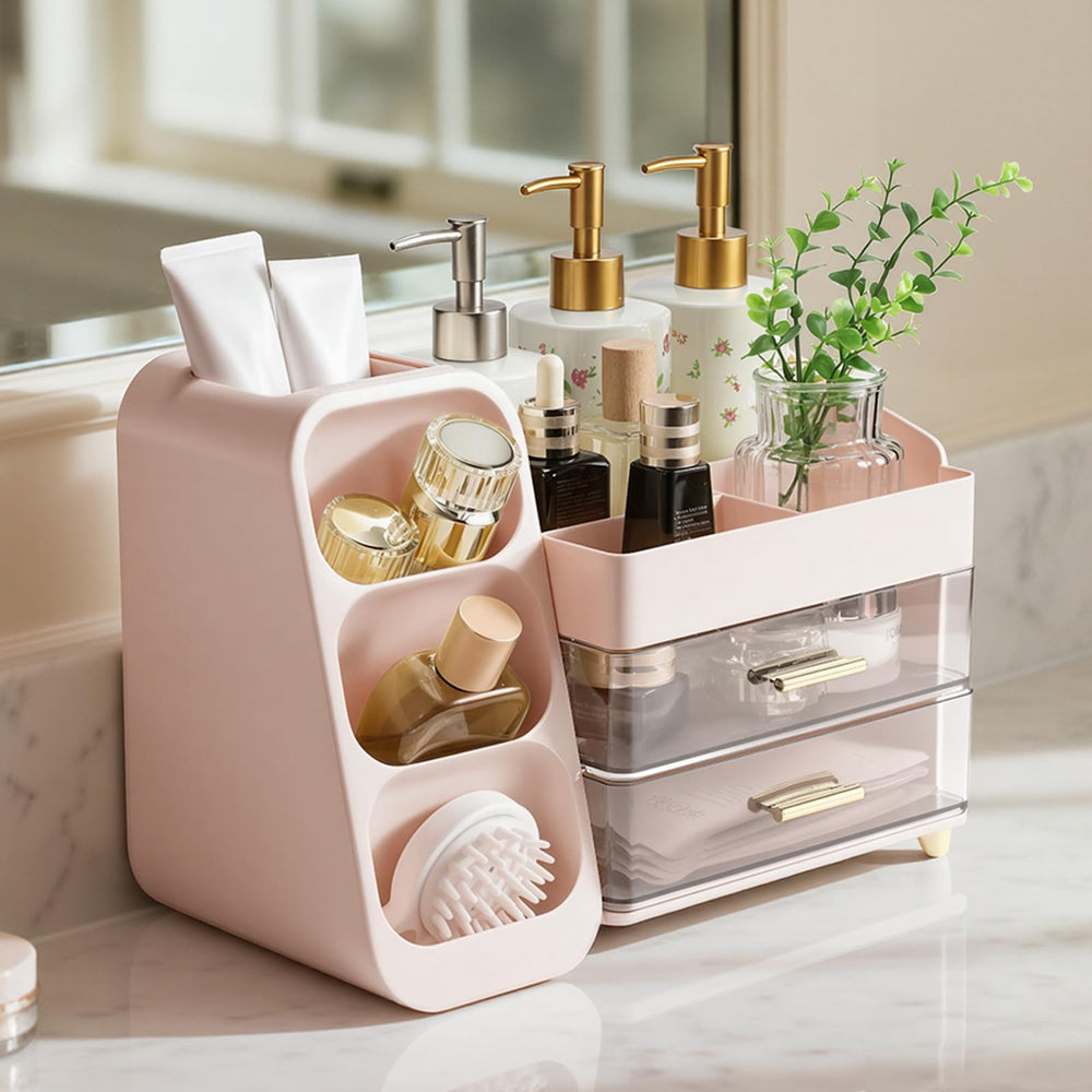 Delamu makeup organizer countertop in-drawer contents organized for quick reach.