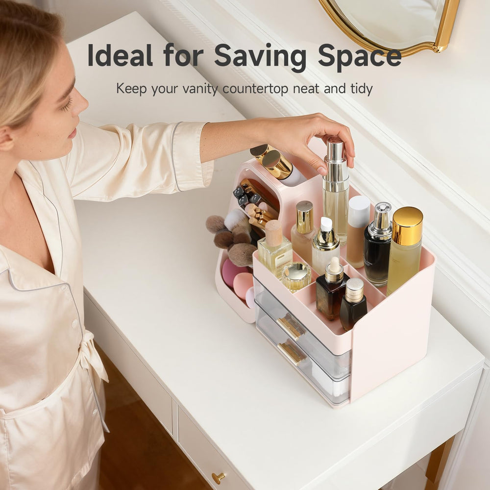 Delamu makeup organizer countertop on vanity with neatly arranged contents for daily use.