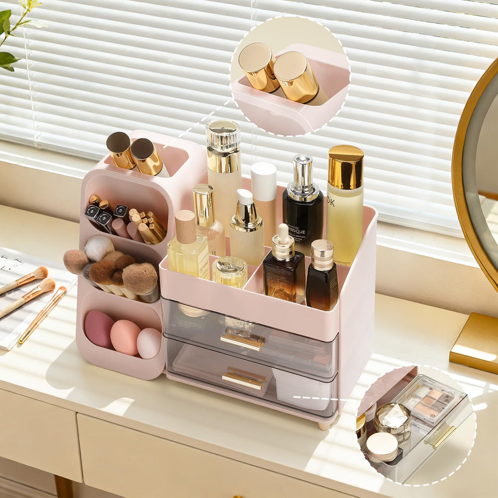 Delamu makeup organizer countertop side view showcasing compact footprint on a vanity.