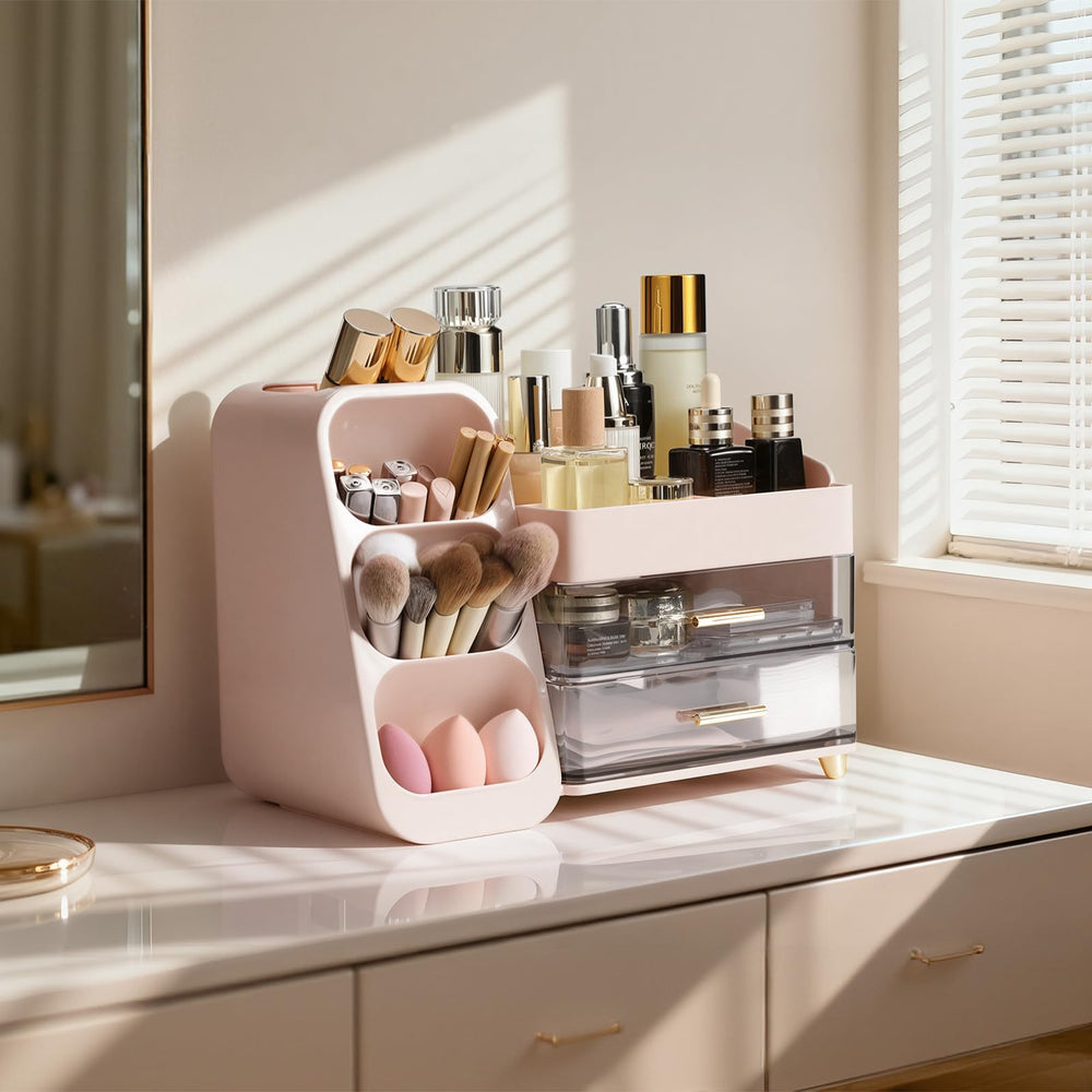 Delamu makeup organizer countertop top compartment highlighted for divided storage.