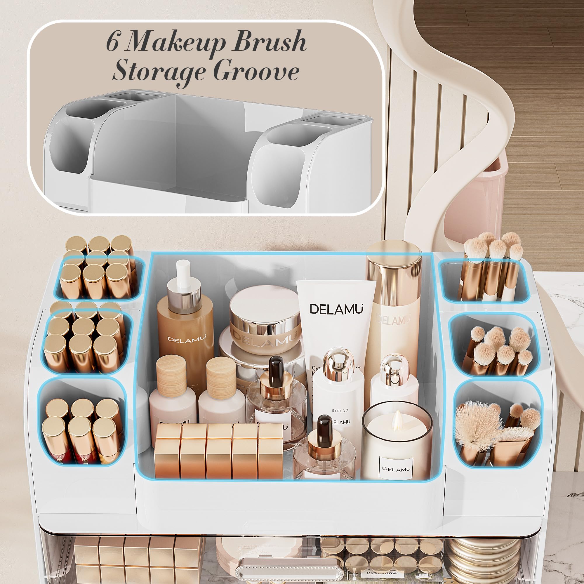 Delamu organizer features smooth metal drawer handles for durable access.