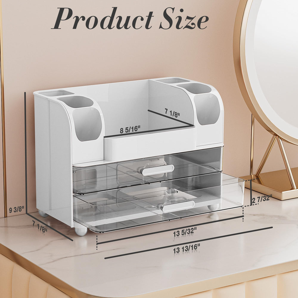 Delamu makeup organizer mid-level compartment for tall bottles in view.