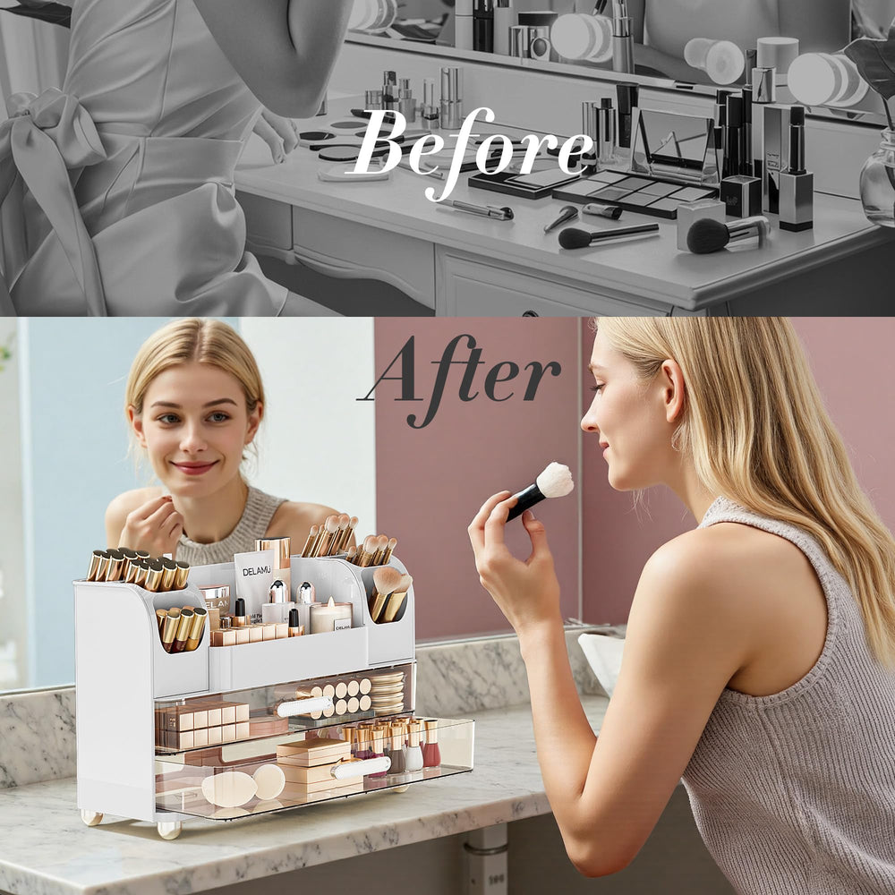Delamu makeup organizer in pink adds a soft touch to bathroom.