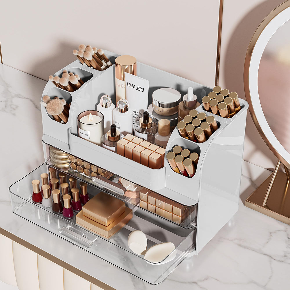 Delamu makeup organizer in white complements any vanity decor.