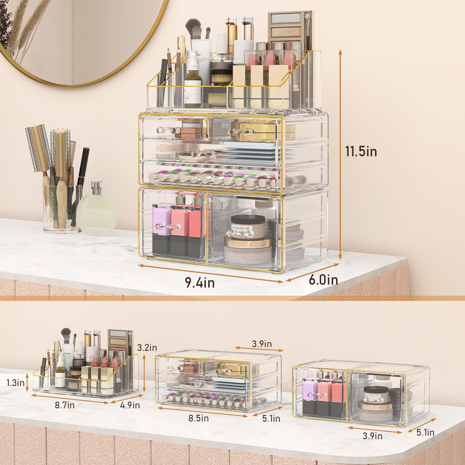 Delamu six-drawers layout highlighting spacious compartments for cosmetics