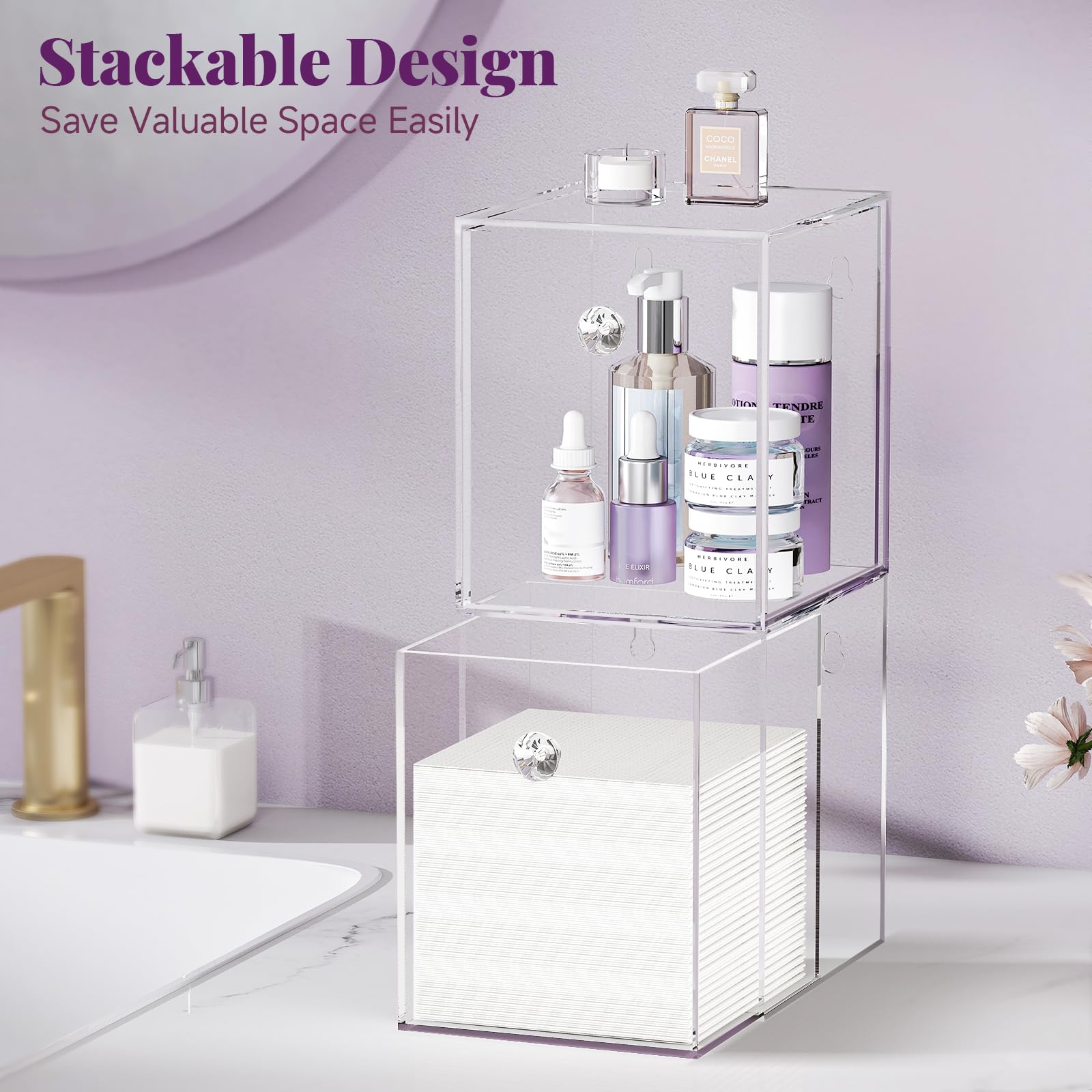 Delamu Stackable Acrylic Organizer top drawer—easy access for cosmetics and skincare.