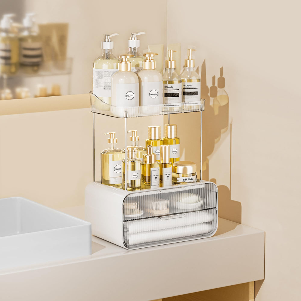 Delamu surface-friendly vanity tray keeps counters clean and organized.
