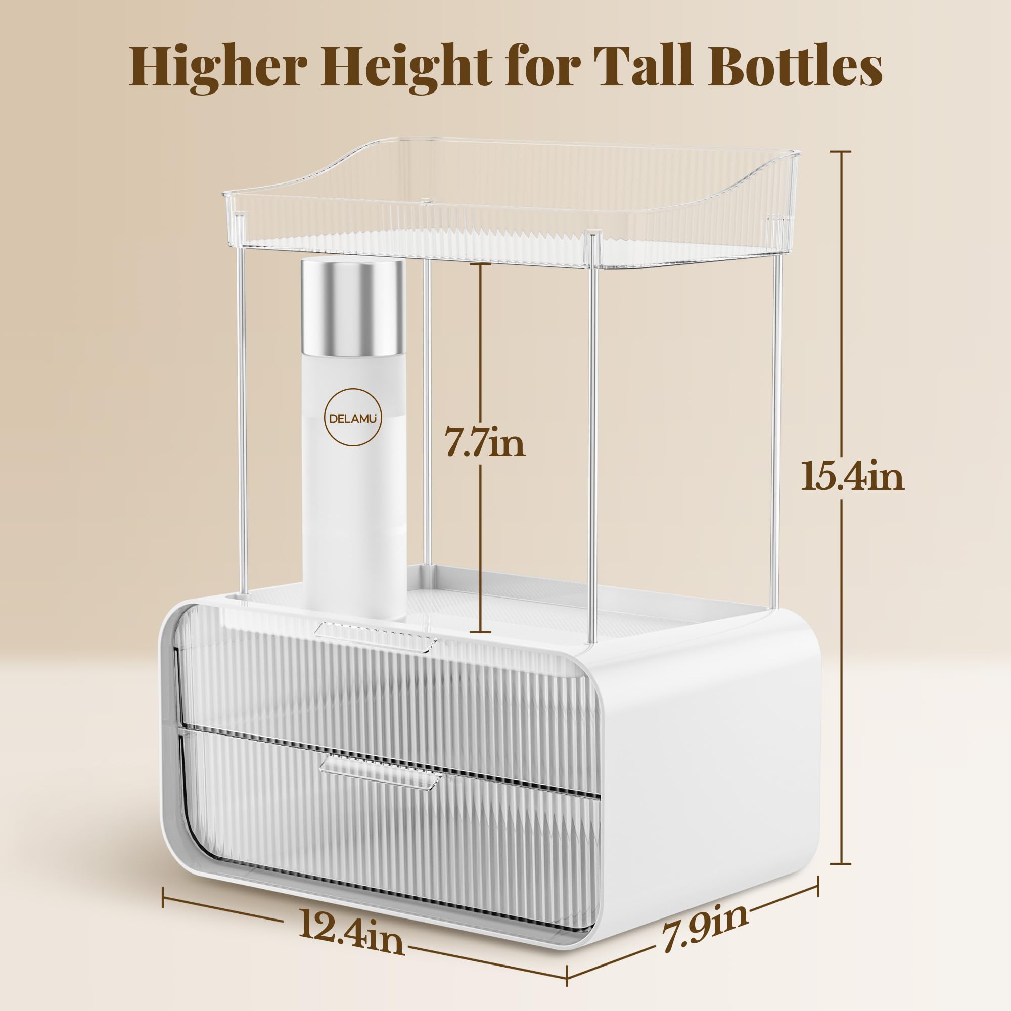 Delamu vanity makeup organizer shows tool-free snap-together assembly.
