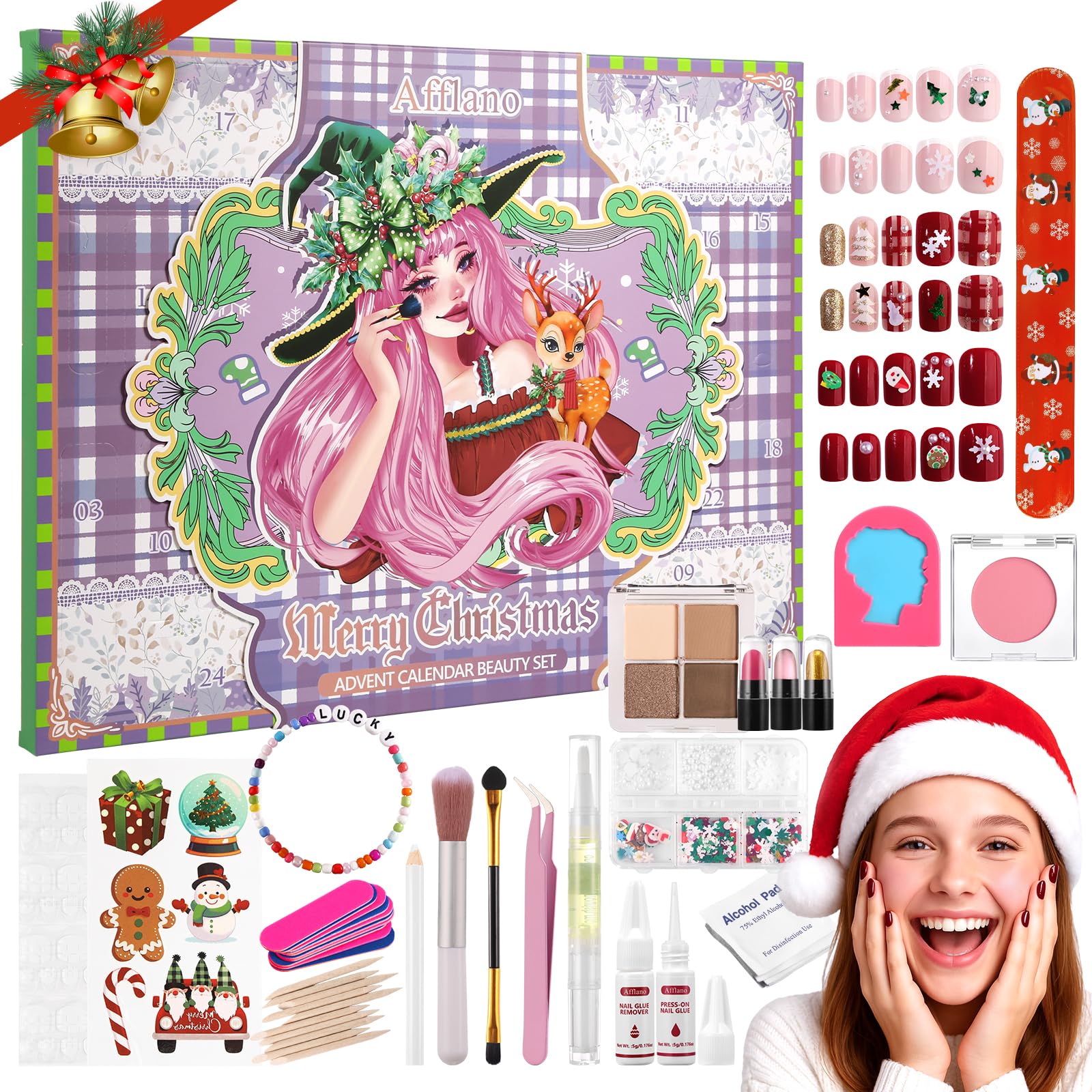 DE'LANCI Advent Calendar 24-windows reveals daily makeup surprises for festive anticipation.