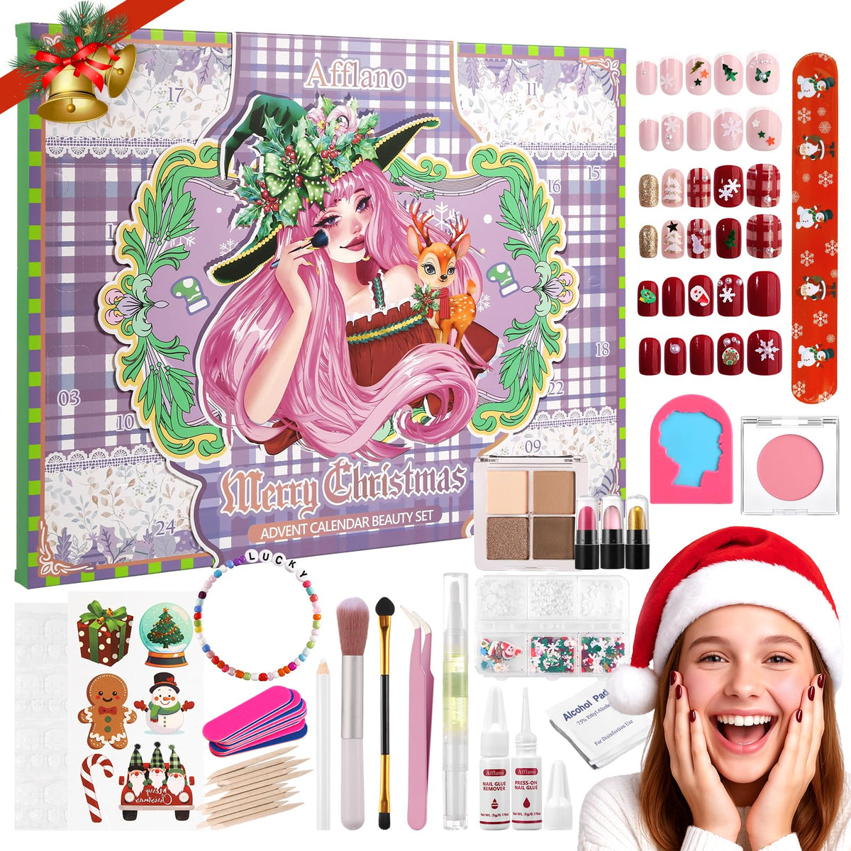 DE'LANCI Advent Calendar 24-windows reveals daily makeup surprises for festive anticipation.