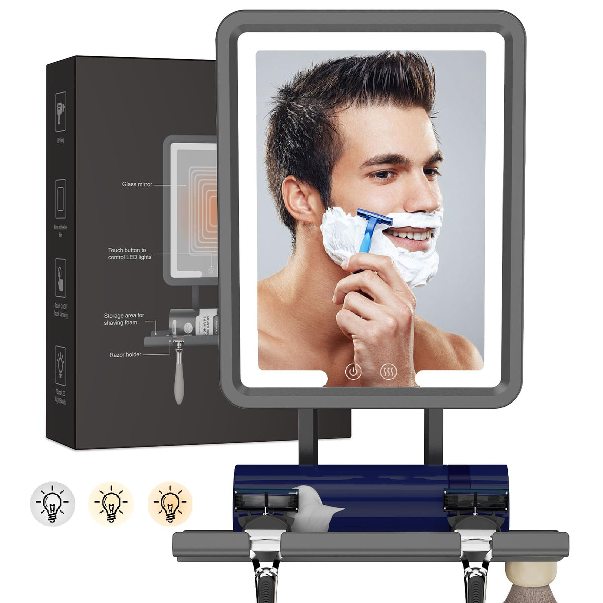 DeLanges LED shower mirror front view shows fogless heating for shaving