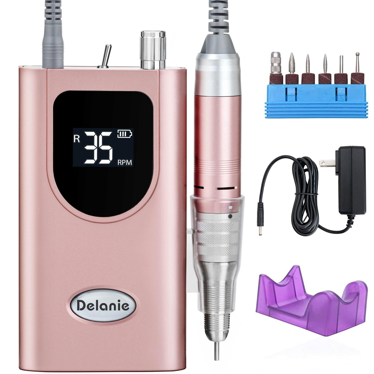 Delanie nail drill in rose gold shows high torque for quick shaping.