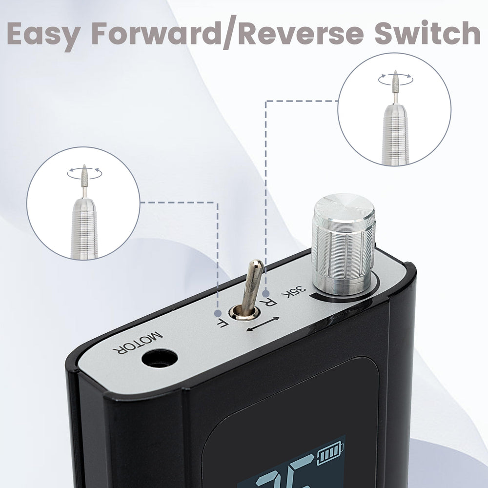 Delanie nail drill smart screen displays speed and remaining power clearly.