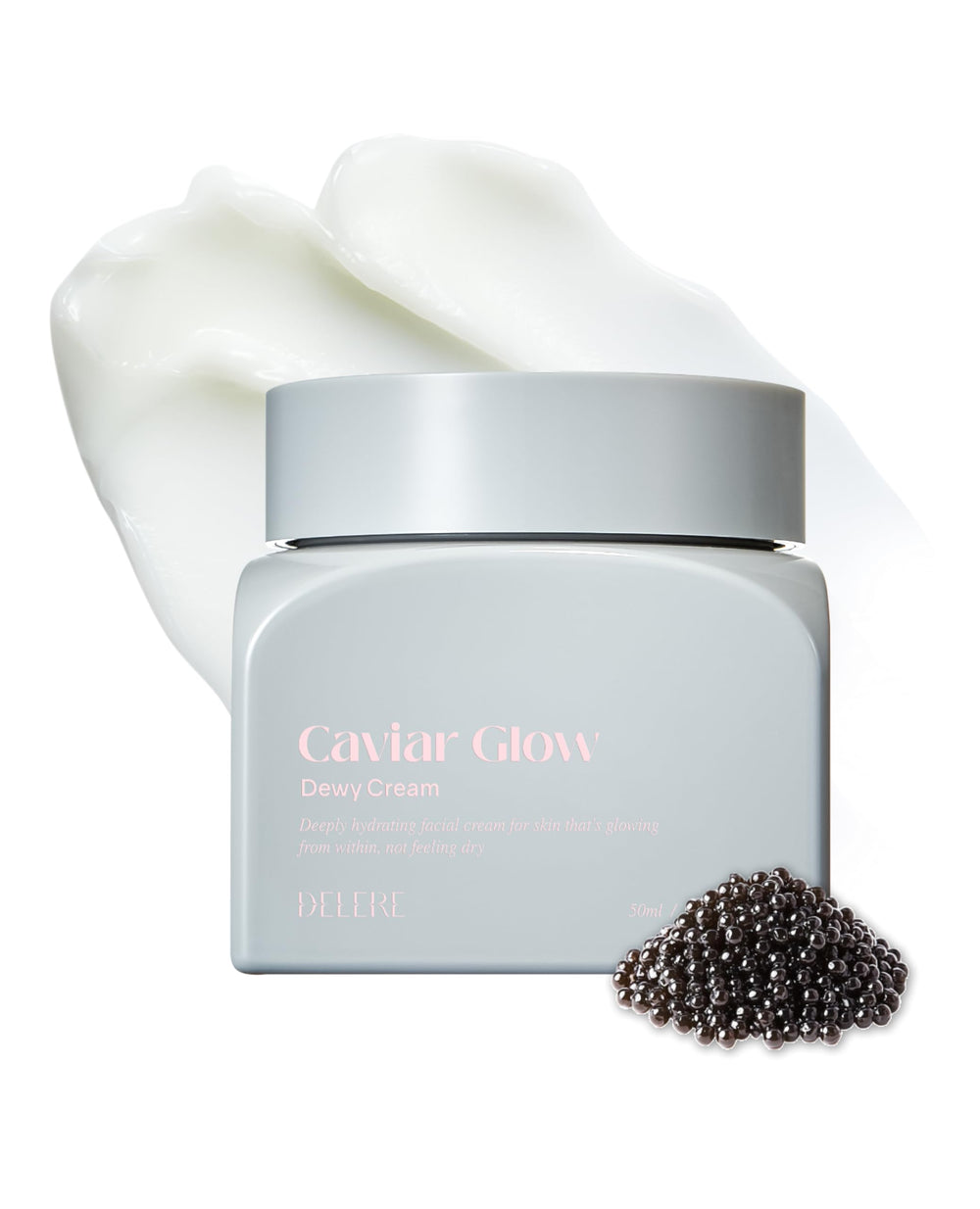 Delere Caviar Glow Dewy Cream jar presents a luxurious texture for radiant skin