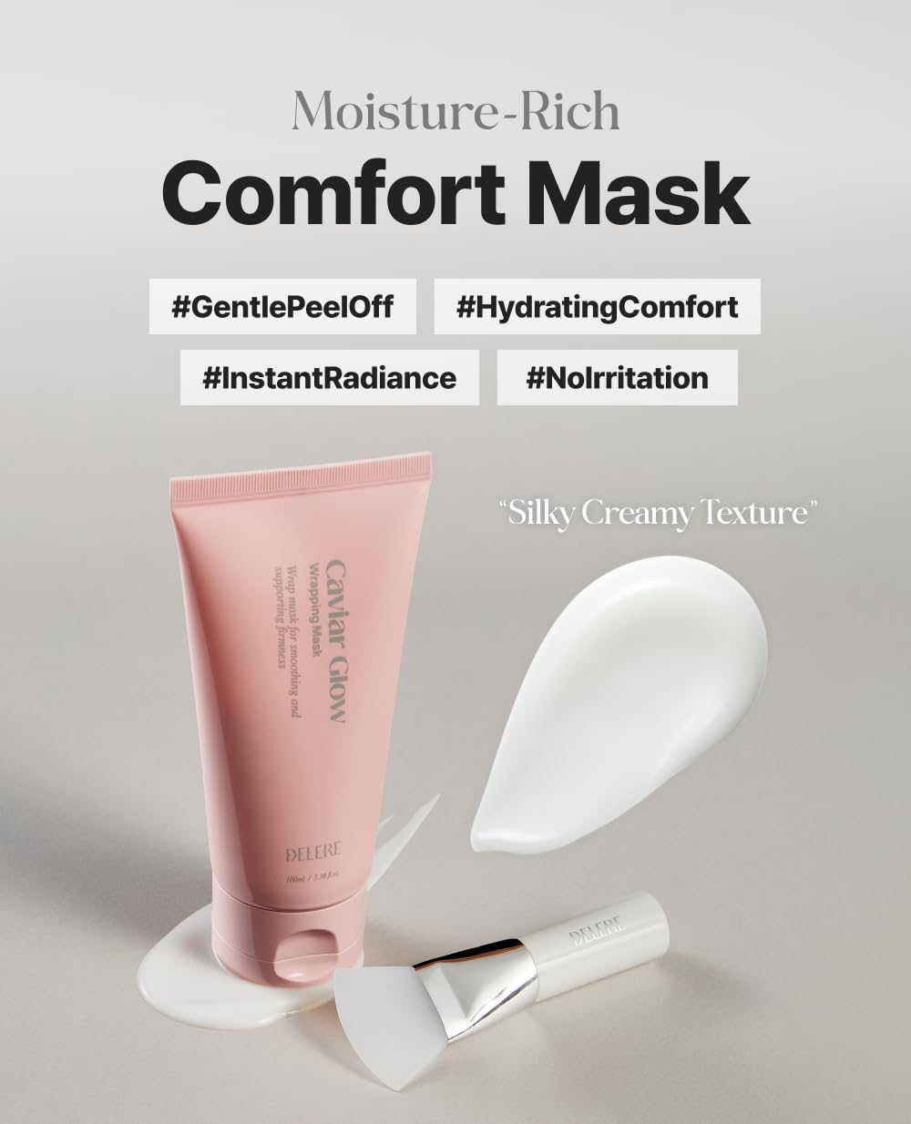 Delere Caviar Glow mask elasticity emphasis for firmer-looking skin visuals.