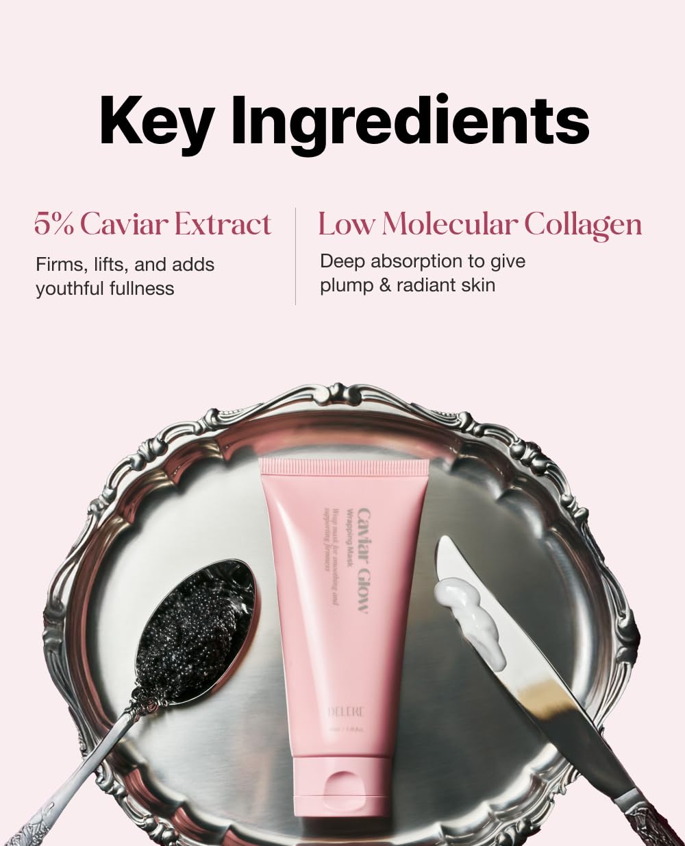 Delere Caviar Glow mask promotes pore refinement and brightening in visuals.