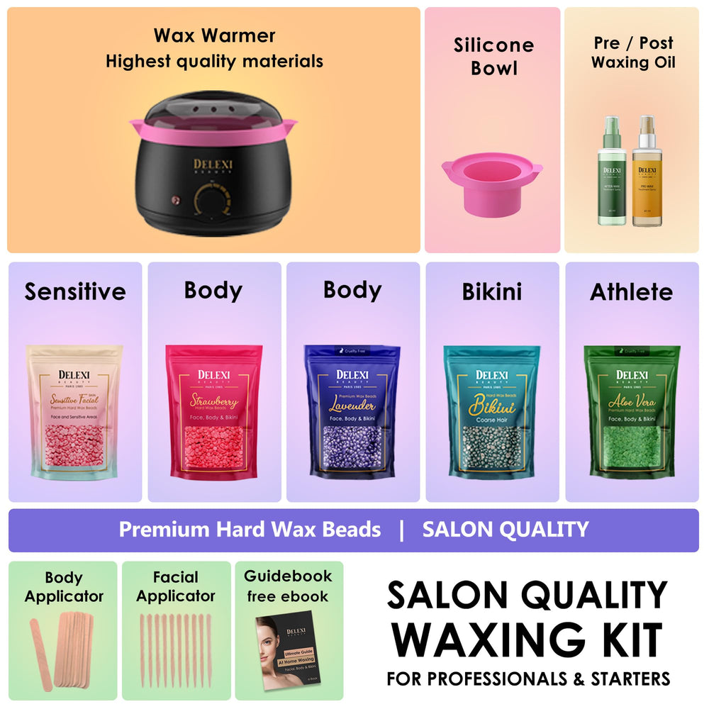 DELEXI hard wax beads packs illustrating gentle low-temperature removal