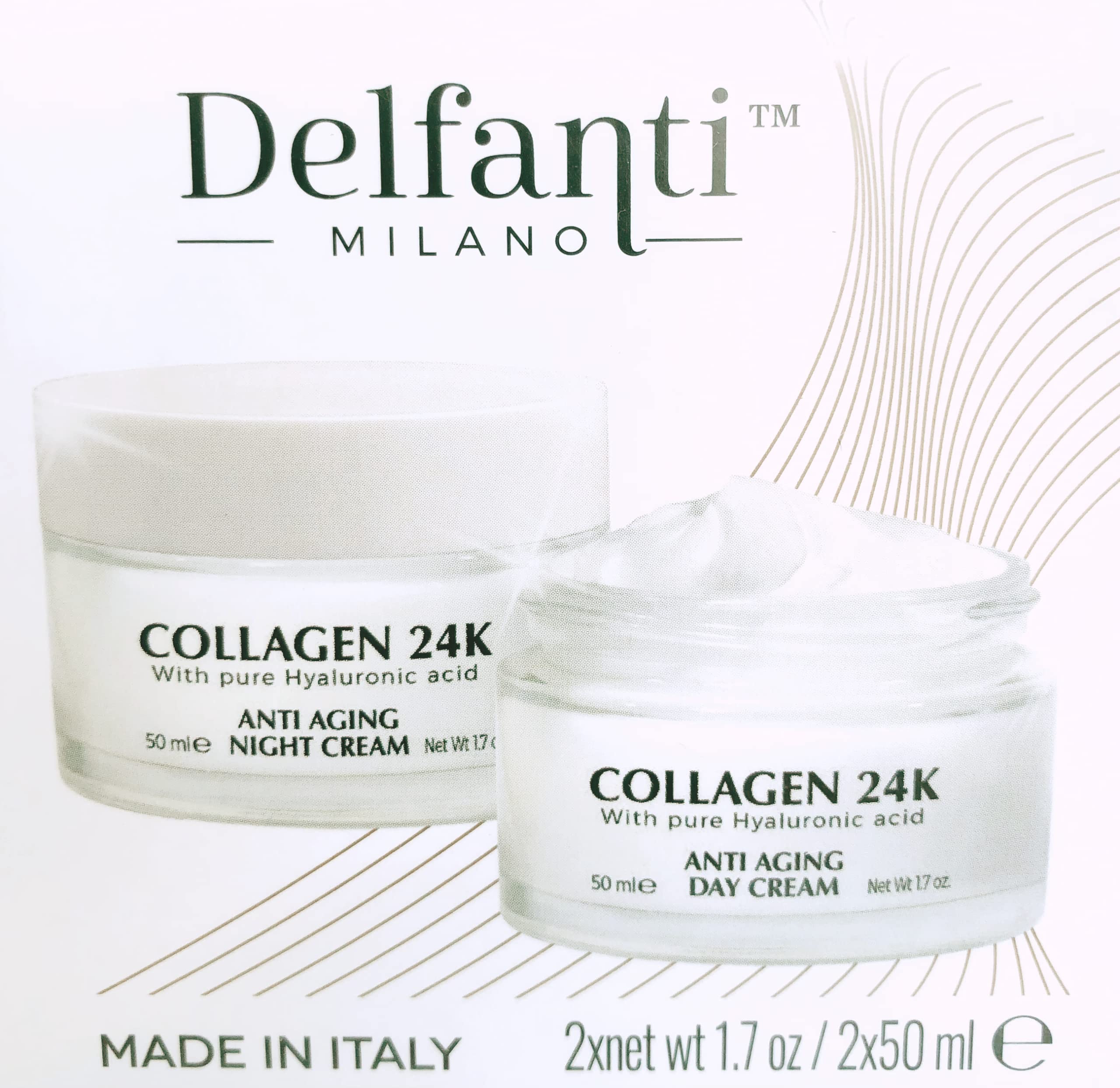 Delfanti Milano 24K Gold and Hyaluronic Acid formula highlight the glow and plump potential.
