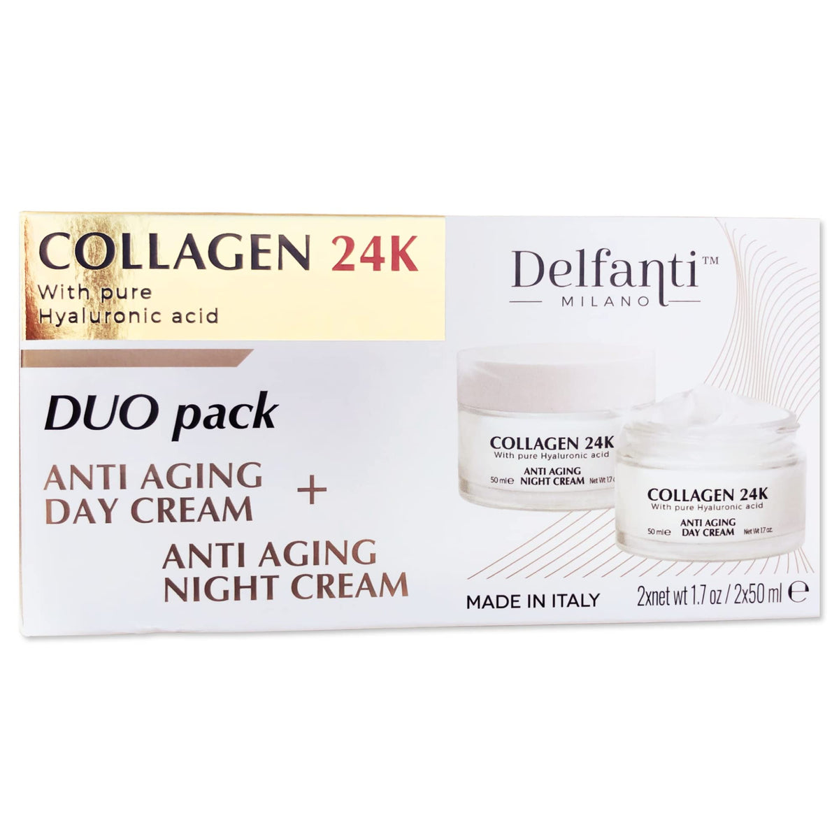 Delfanti Milano Collagen 24K Day Cream jar for daytime radiance and smooth texture.