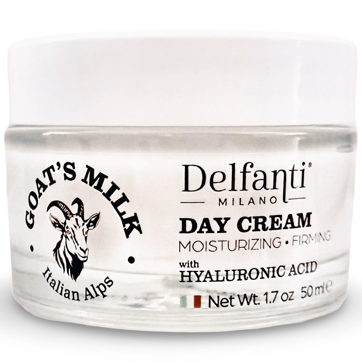 Delfanti-Milano goats milk hyaluronic day cream front view for hydrating and firming facial care.