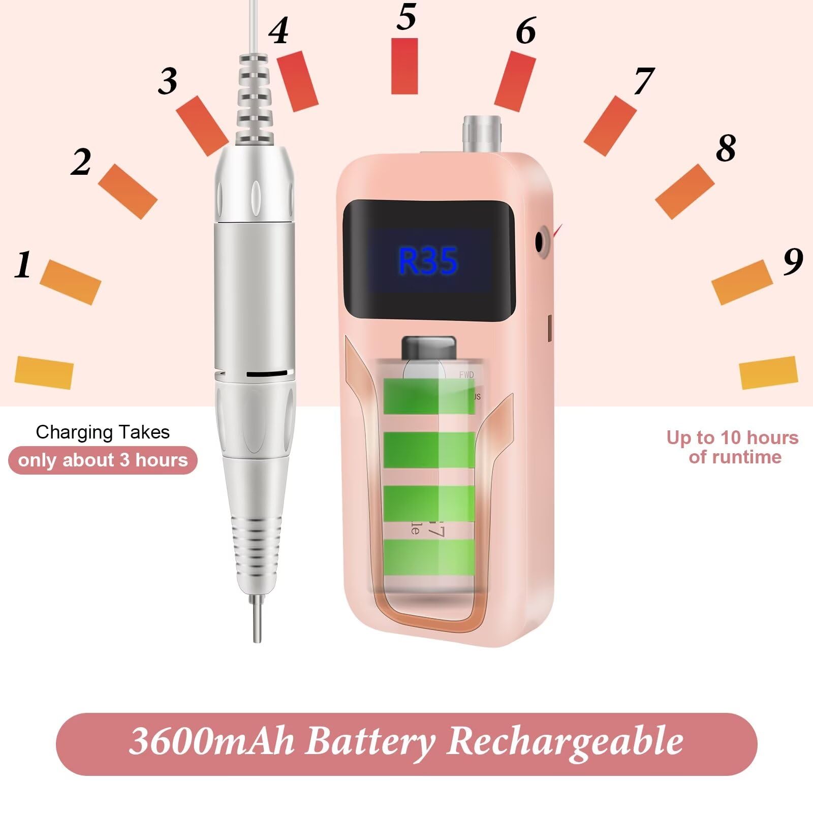DELIFO rechargeable nail drill with retractable cable for easy charging and cleanup.