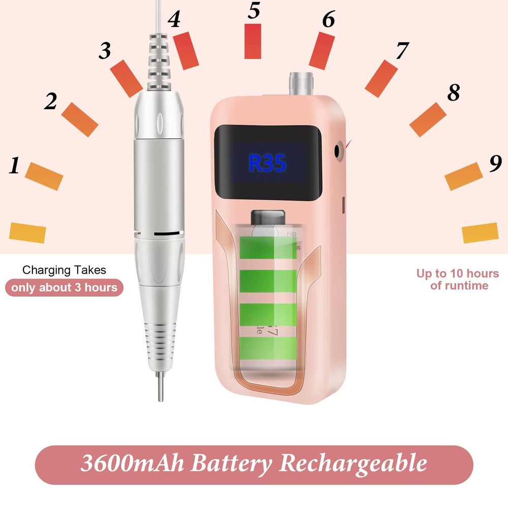 DELIFO rechargeable nail drill with retractable cable for easy charging and cleanup.