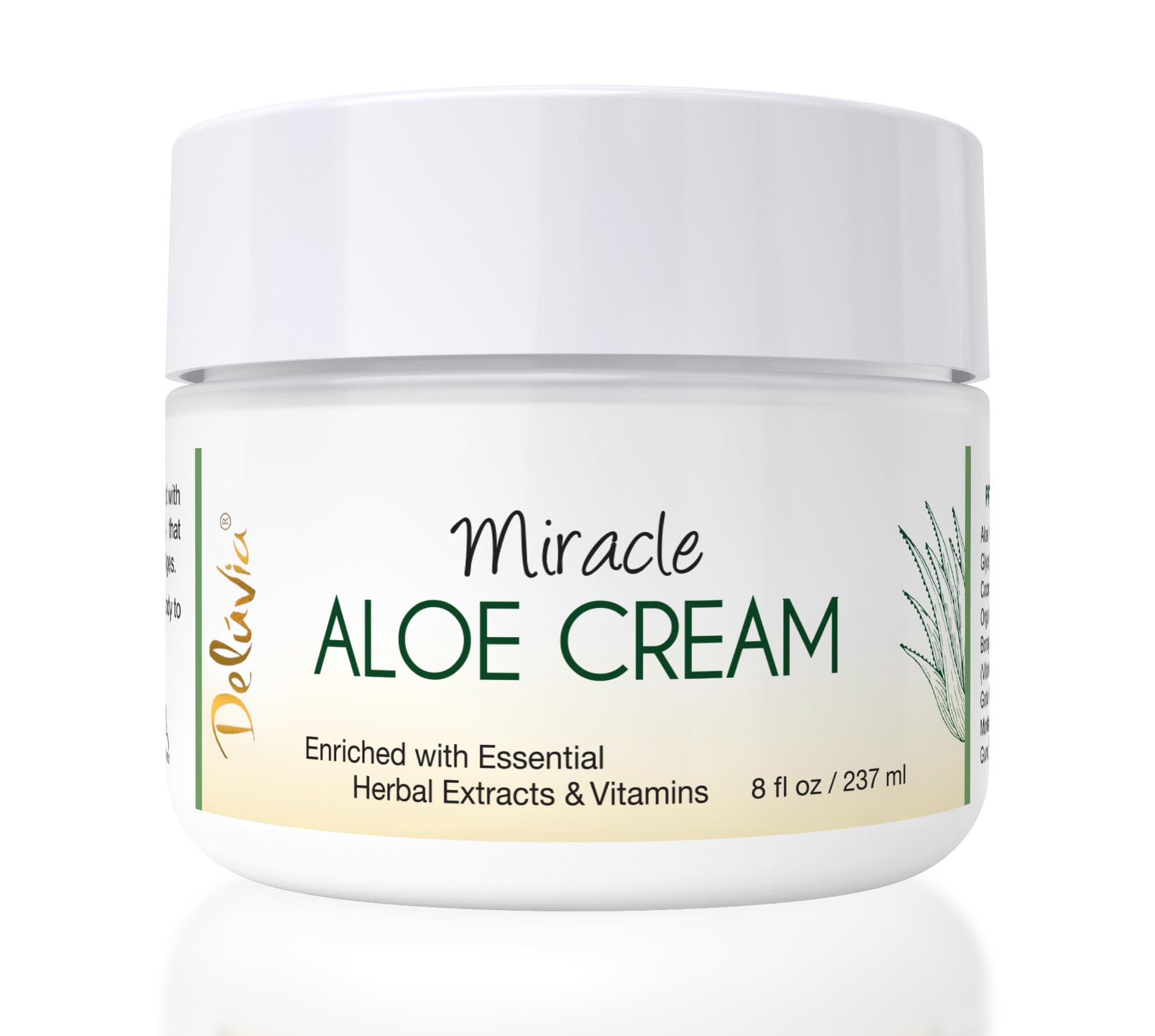Delúvia Miracle Aloe Cream face closeup shows hydrating, soothing daily moisturizer.