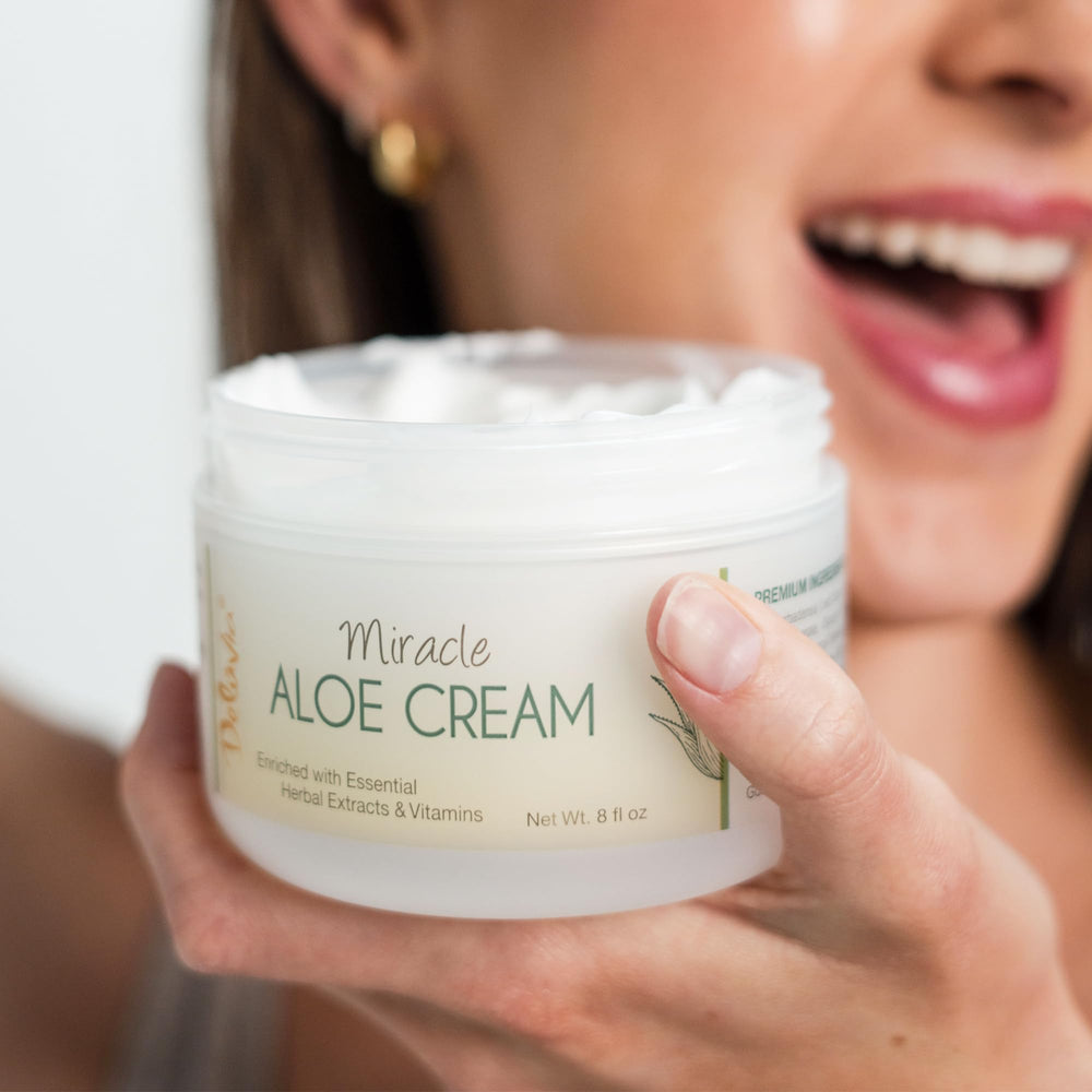 Deluvia Miracle Aloe Cream packaging highlights organic aloe and vitamin E benefits