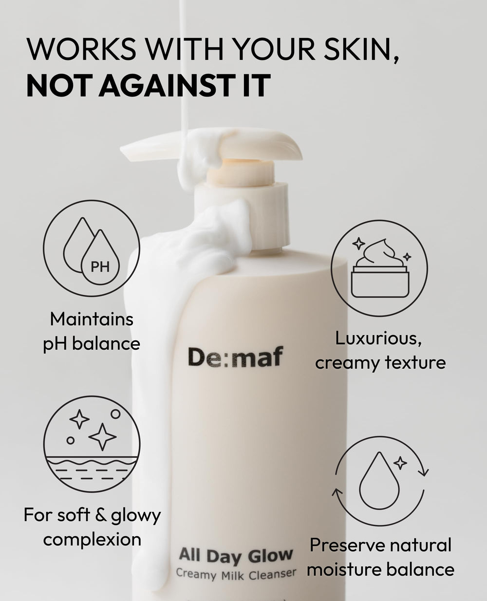 Demaf creamy milk cleanser in tub demonstrates easy application and nourishing consistency.