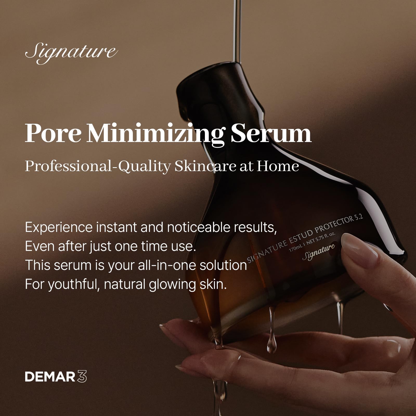 DEMAR 3 Signature ESTUD dropper closeup highlighting Niacinamide serum for even skin tone.