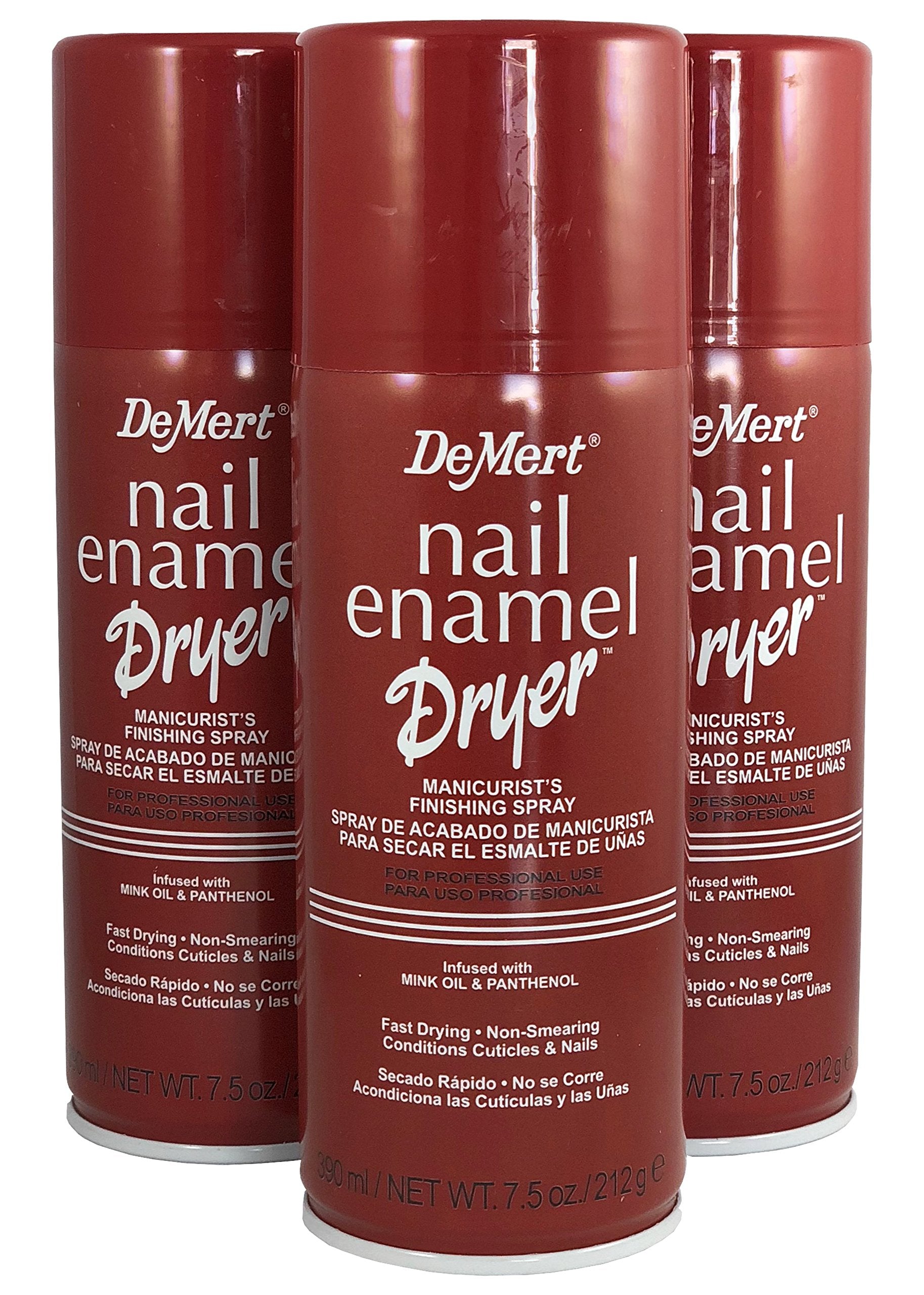 Demert Nail Enamel Dryer 7.5 oz bottle on desk speeds dry time for polish.