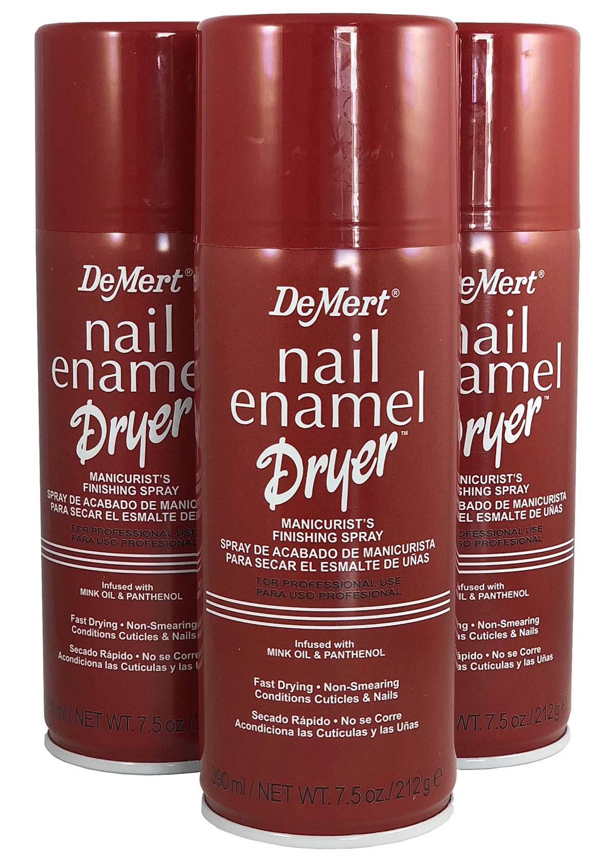 Demert Nail Enamel Dryer 7.5 oz bottle on desk speeds dry time for polish.