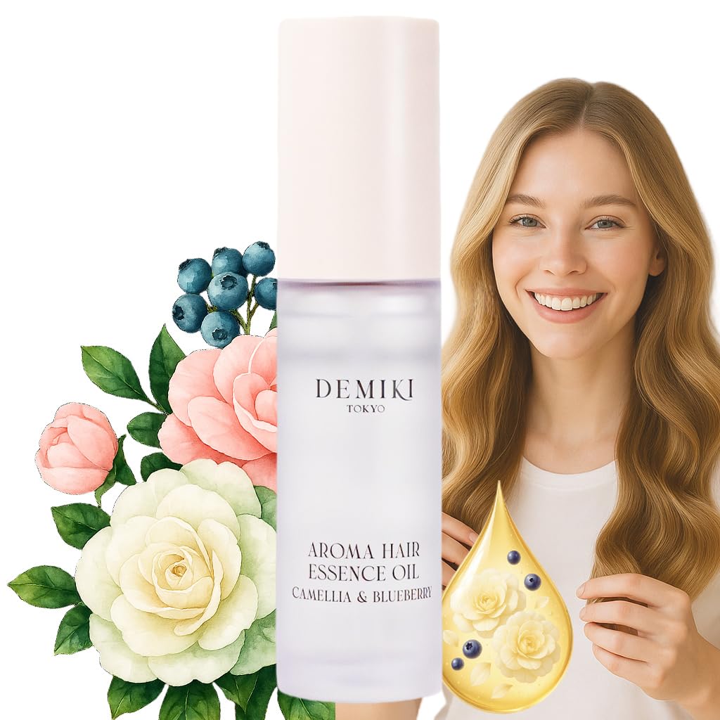 DEMIKI Hair Oil all-in-one rescue serum bottle showing frizz control for sleek, smooth hair.