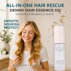 DEMIKI Hair Oil damage reversal treatment bottle highlights repair of dry ends and elasticity.