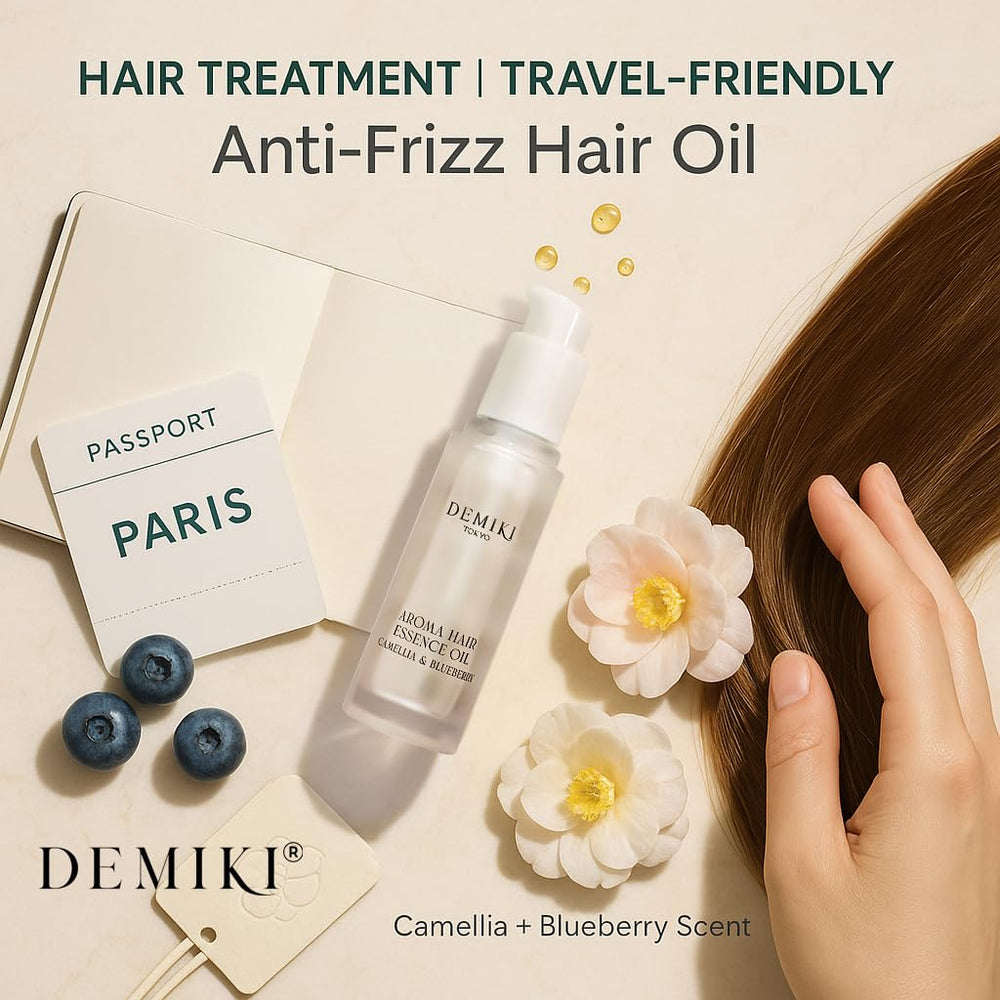 DEMIKI Hair Oil luxe packaging shot showcasing premium Japanese-made hair care.
