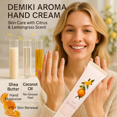 DEMIKI Hand Cream texture application shows fast-absorbing formula for non-greasy moisture