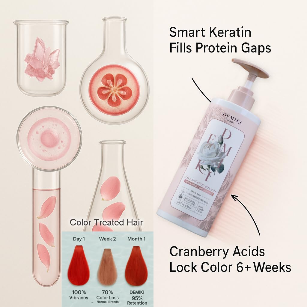 DEMIKI hydrolyzed keratin formula strengthens strands during daily use.